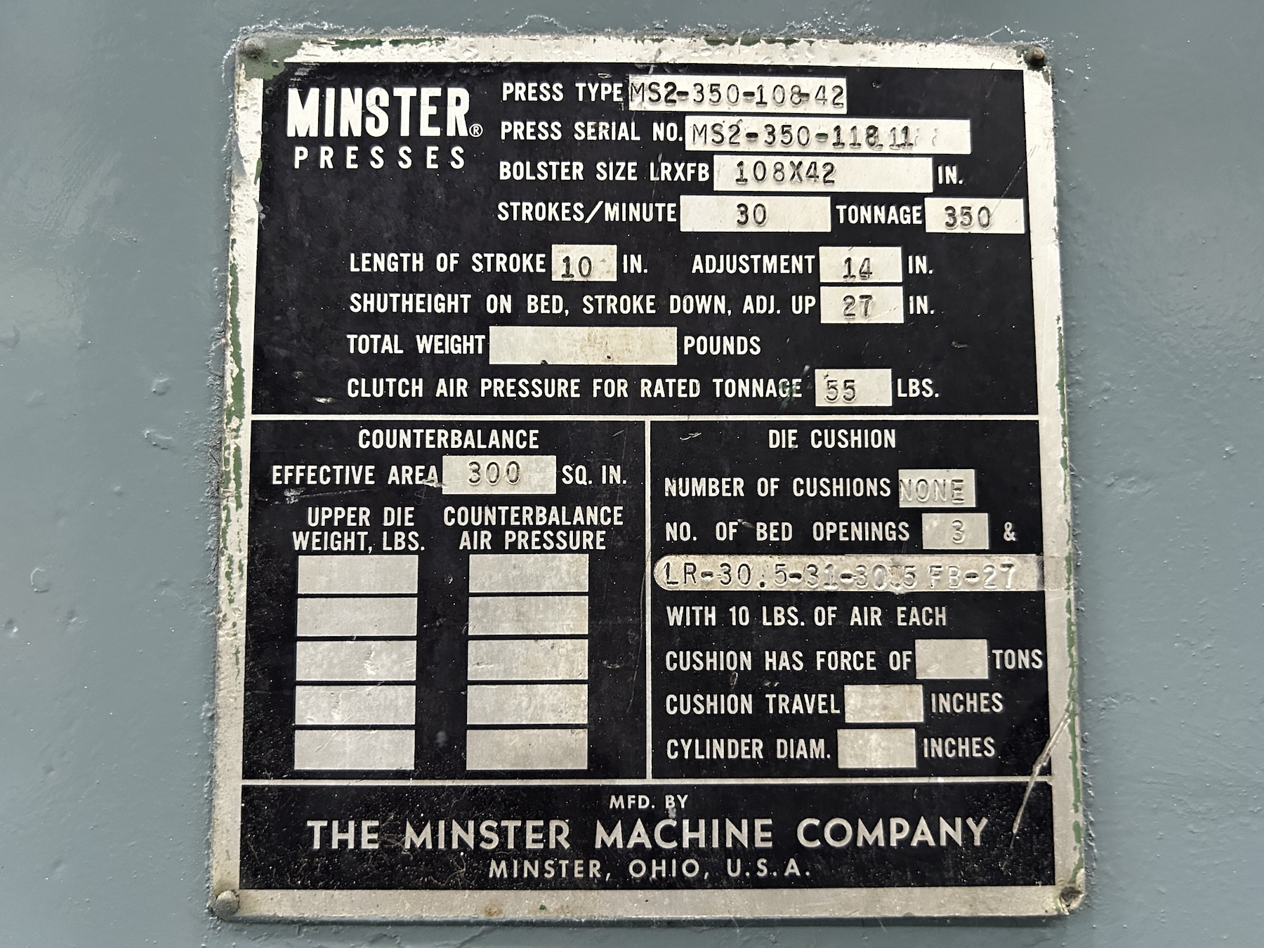 350 Ton Minster Press • Used Minster MS2-350-108-42 Press - Image 10