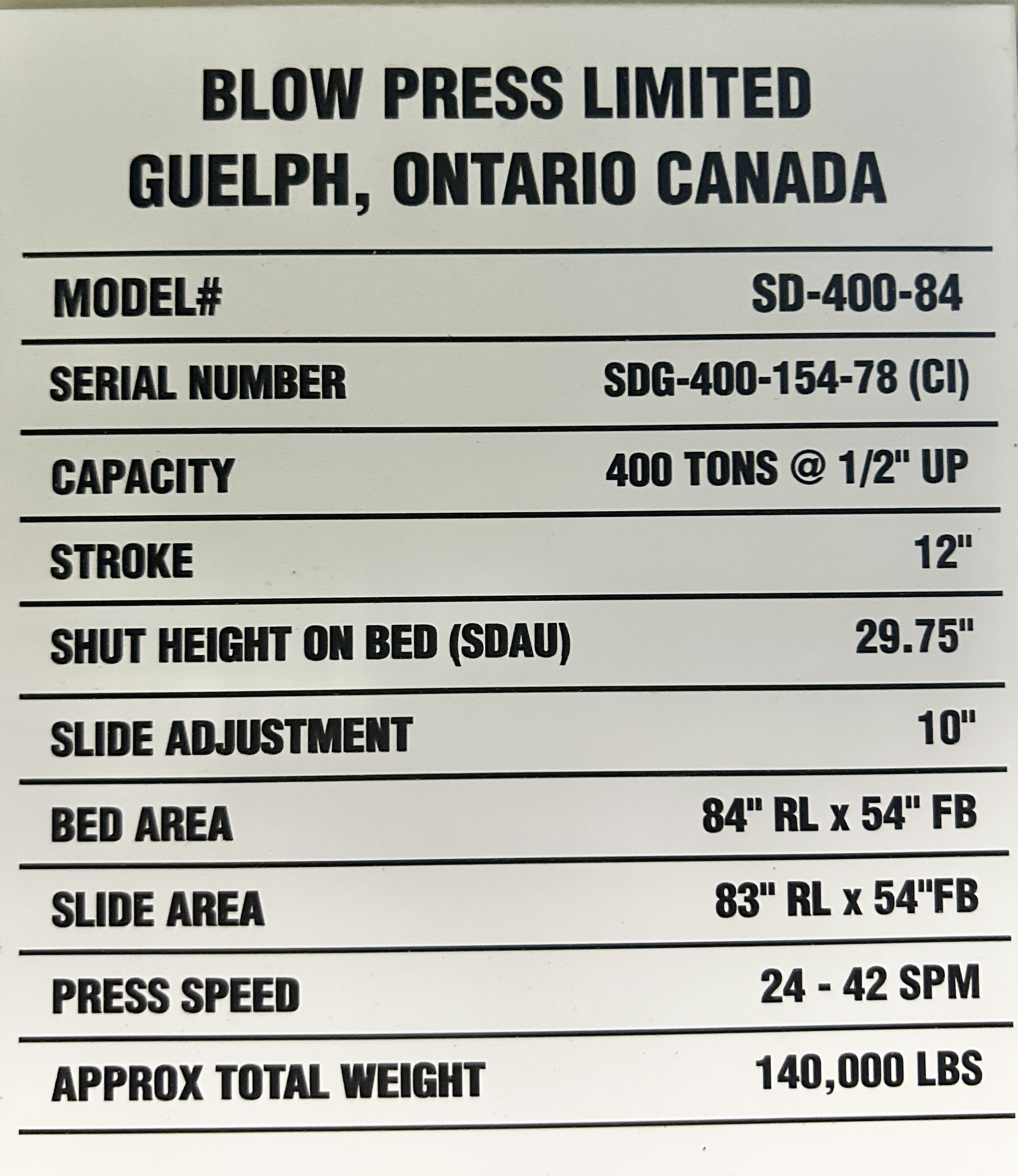 400 Ton Blow Press • Used Blow SD-400-84-54 Press - Image 14